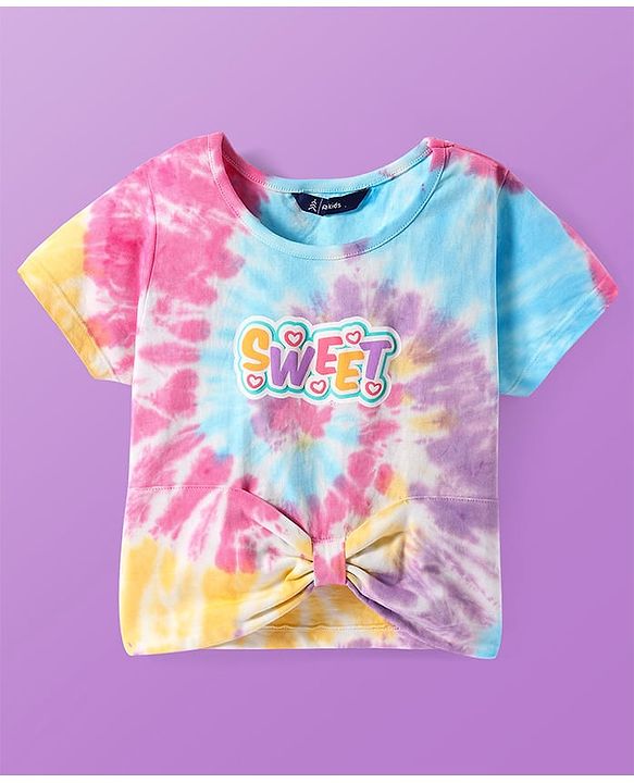 Pine Kids Cotton Knit Half Sleeves Text Printed T-Shirt with Bow Detailing - Pink Blue & Yellow