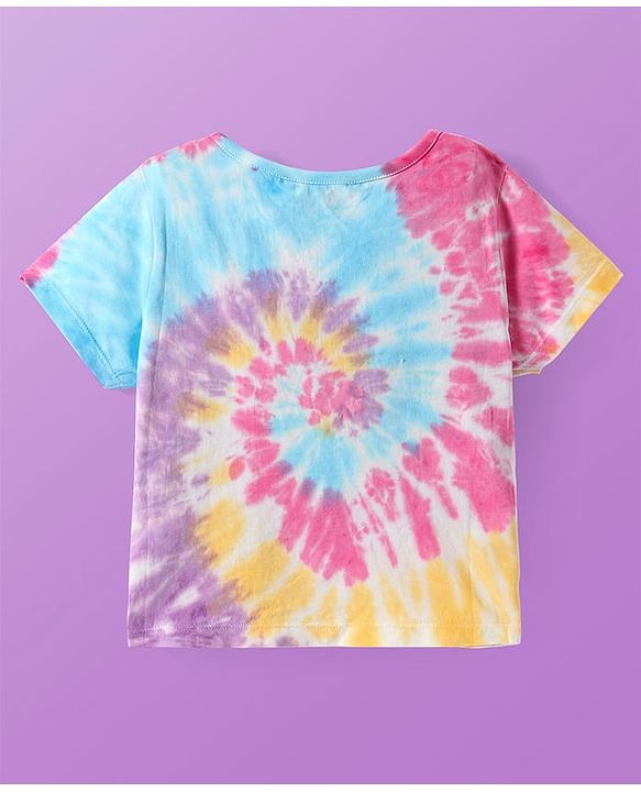 Pine Kids Cotton Knit Half Sleeves Text Printed T-Shirt with Bow Detailing - Pink Blue & Yellow
