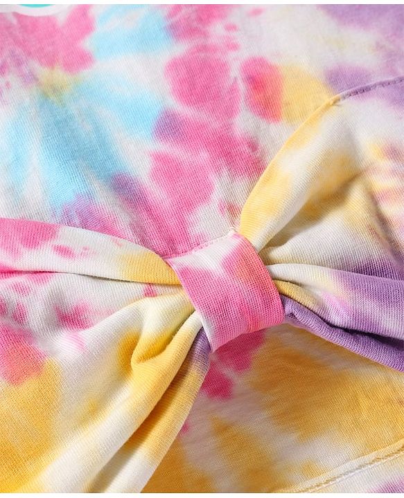 Pine Kids Cotton Knit Half Sleeves Text Printed T-Shirt with Bow Detailing - Pink Blue & Yellow