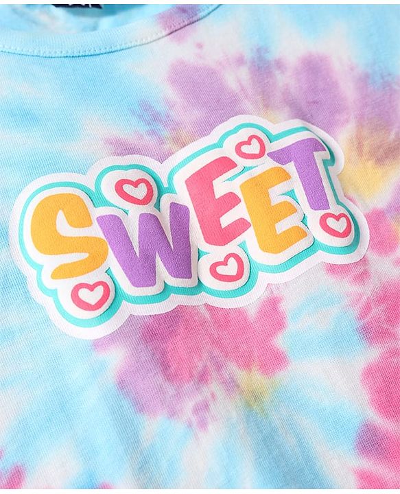 Pine Kids Cotton Knit Half Sleeves Text Printed T-Shirt with Bow Detailing - Pink Blue & Yellow