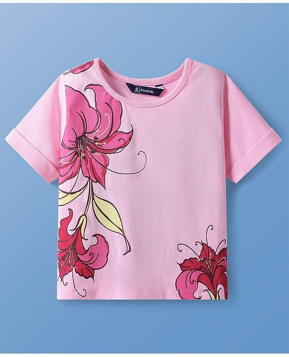 Pine Kids Cotton Knit Half  Sleeves T-Shirt with Floral Print - Pink