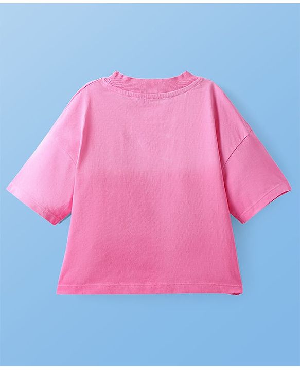 Pine Kids Cotton Knit Half Drop Shoulder Sleeves T-Shirt with Text Print - Dark Pink