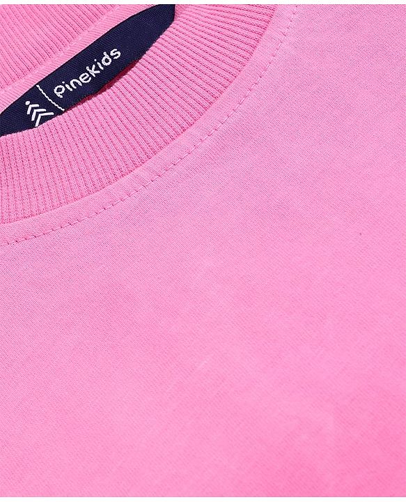 Pine Kids Cotton Knit Half Drop Shoulder Sleeves T-Shirt with Text Print - Dark Pink