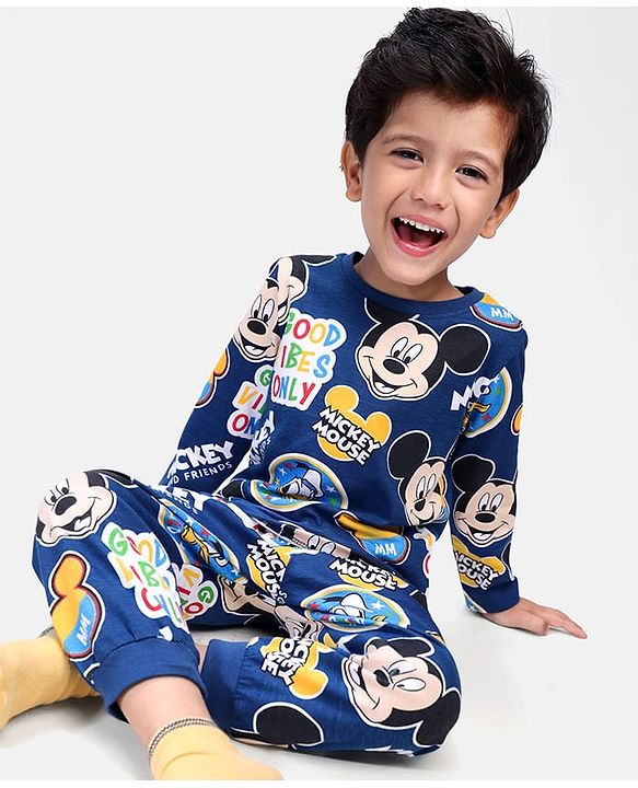 Babyhug Disney Single Jersey Knit Full Sleeves Mickey Mouse Printed Night Suit - Navy Blue