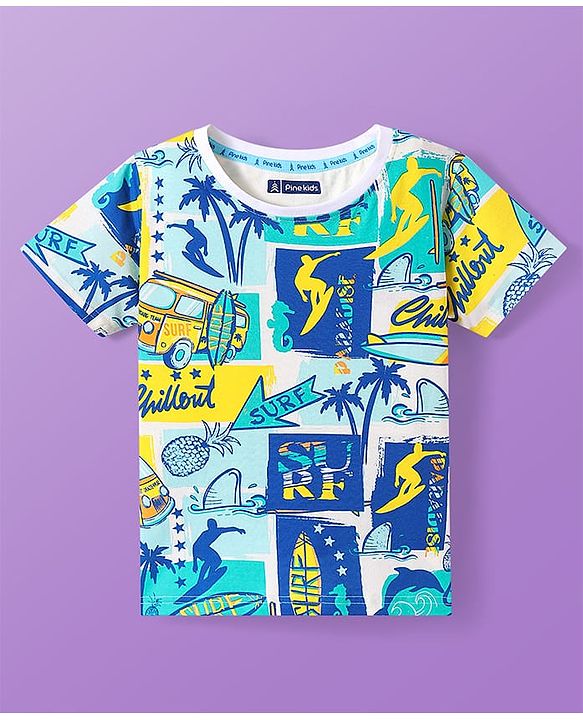 Pine Kids Cotton Knit Half Sleeves T-Shirt with Beach Theme - White