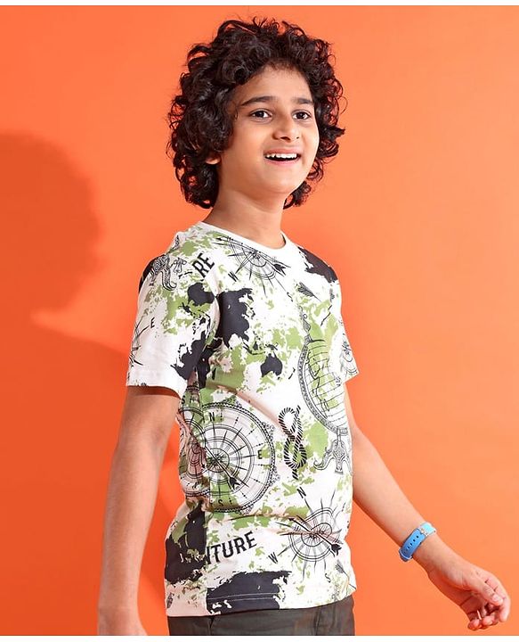 Pine Kids Cotton Knit Half Sleeves T-Shirt with Abstract Print - White