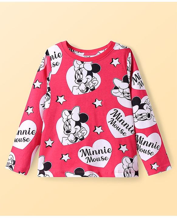 Pine Kids Disney Single Jersey Knit Full Sleeves Nightsuit Set With Minnie Mouse Graphics - Red