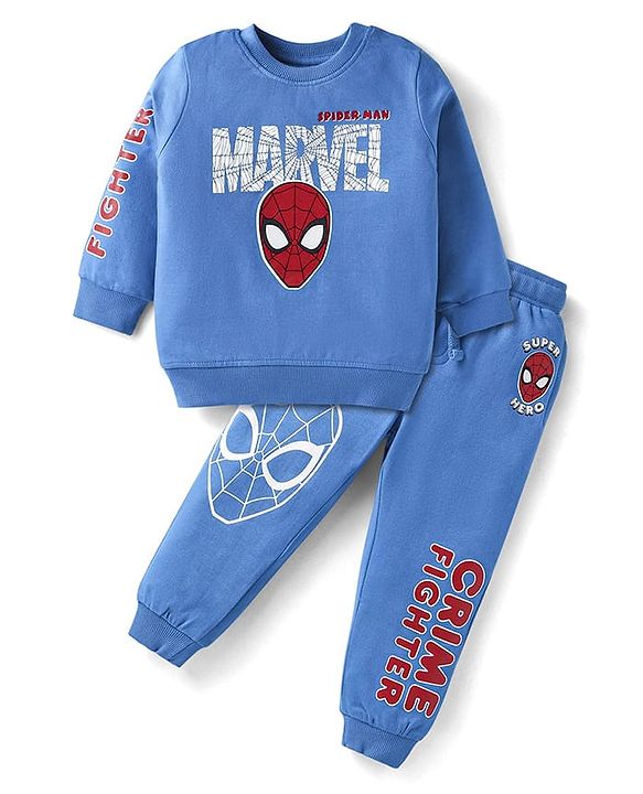 Babyhug Marvel Terry Knit Full Sleeves T-Shirt & Lounge Pant Set With Spider Man Graphics - Blue