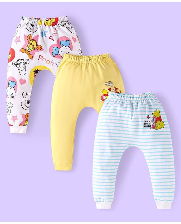 Babyhug Disney Interlock Knit Diaper Leggings with Winnie The Pooh  Graphics Pack of 3- Yellow White & Blue