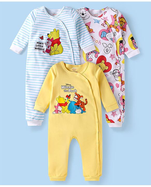Babyhug Disney Interlock Knit Full Sleeves Rompers With Winnie The Pooh Graphics Pack of 3 - Yellow White & Blue