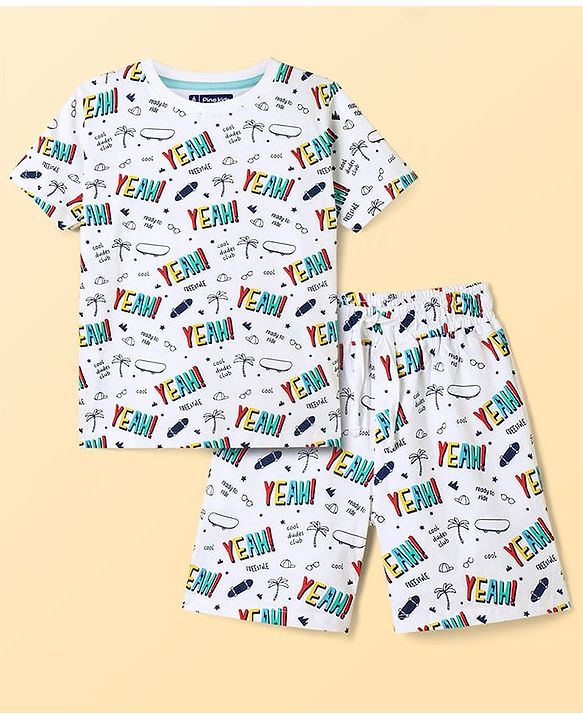 Pine Kids Single Jersey Knit Half Sleeves Night Suit With Text Print - White