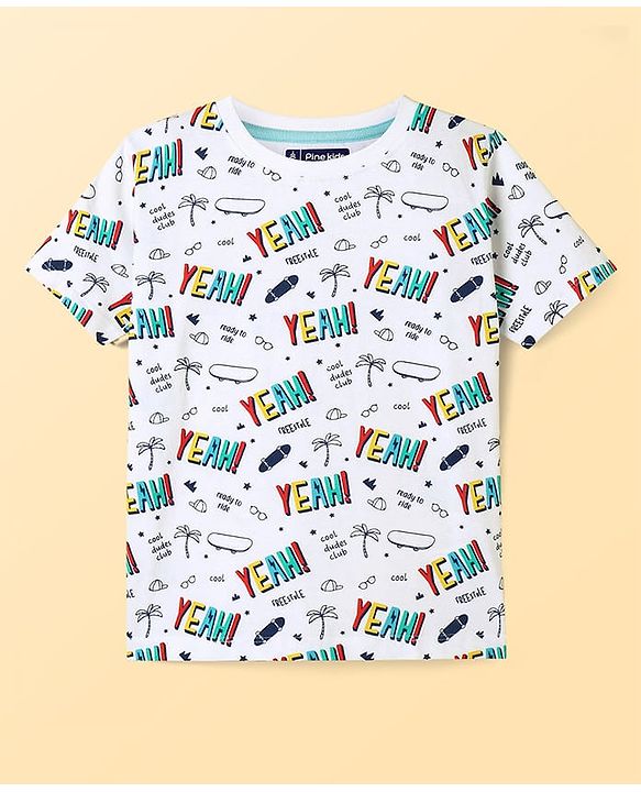 Pine Kids Single Jersey Knit Half Sleeves Night Suit With Text Print - White