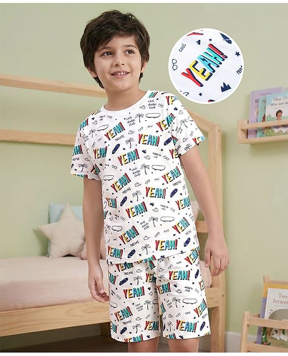 Pine Kids Single Jersey Knit Half Sleeves Night Suit With Text Print - White