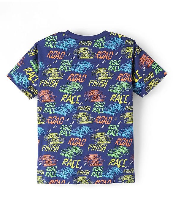Pine Kids Single Jersey Knit Half Sleeves Shorts Night Suit with Racing Car Print - Blue