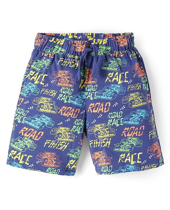 Pine Kids Single Jersey Knit Half Sleeves Shorts Night Suit with Racing Car Print - Blue