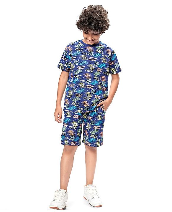 Pine Kids Single Jersey Knit Half Sleeves Shorts Night Suit with Racing Car Print - Blue