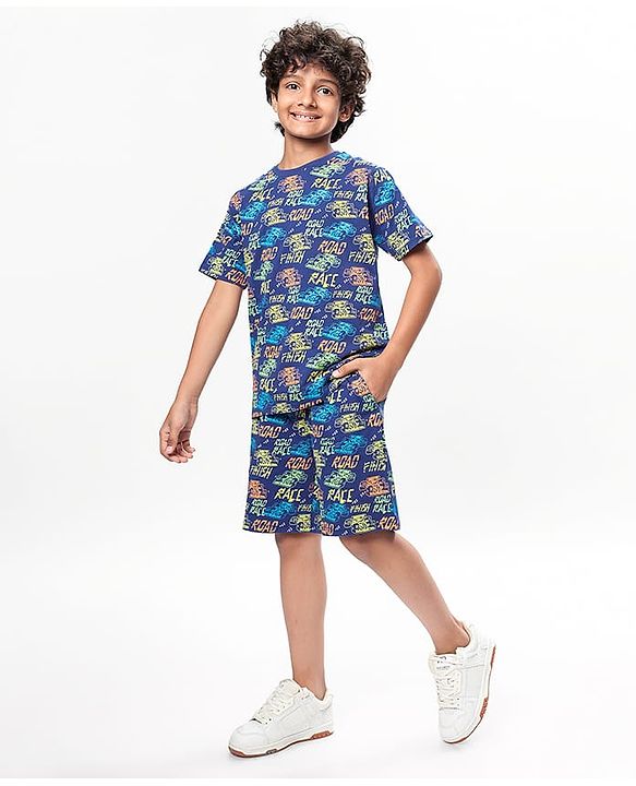 Pine Kids Single Jersey Knit Half Sleeves Shorts Night Suit with Racing Car Print - Blue
