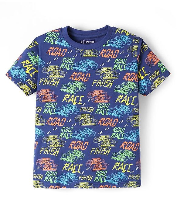 Pine Kids Single Jersey Knit Half Sleeves Shorts Night Suit with Racing Car Print - Blue