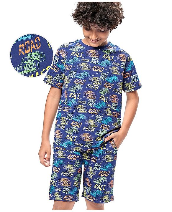 Pine Kids Single Jersey Knit Half Sleeves Shorts Night Suit with Racing Car Print - Blue