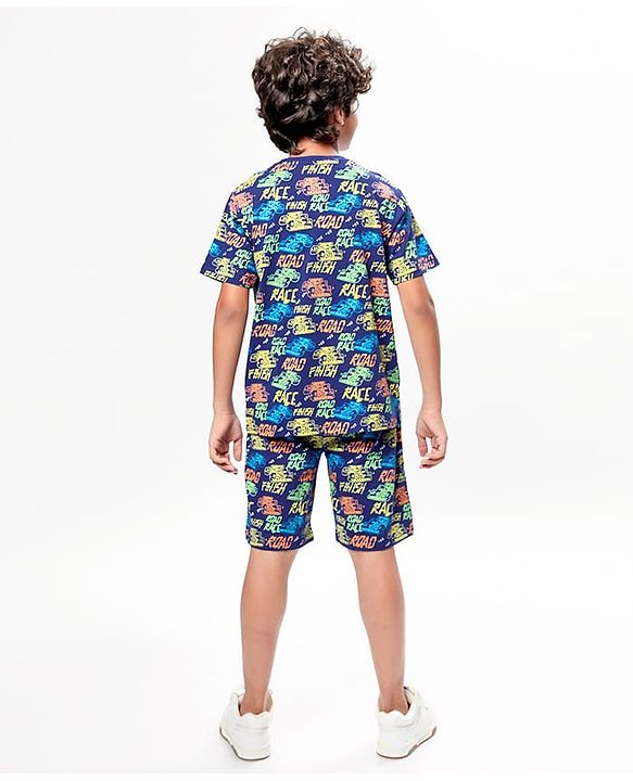 Pine Kids Single Jersey Knit Half Sleeves Shorts Night Suit with Racing Car Print - Blue