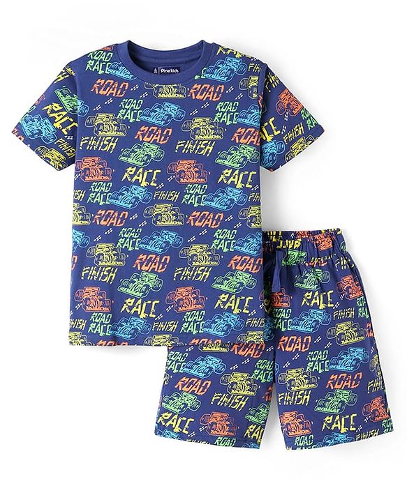 Pine Kids Single Jersey Knit Half Sleeves Shorts Night Suit with Racing Car Print - Blue
