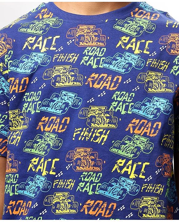 Pine Kids Single Jersey Knit Half Sleeves Shorts Night Suit with Racing Car Print - Blue