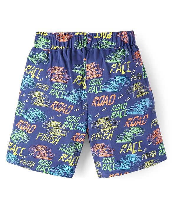 Pine Kids Single Jersey Knit Half Sleeves Shorts Night Suit with Racing Car Print - Blue