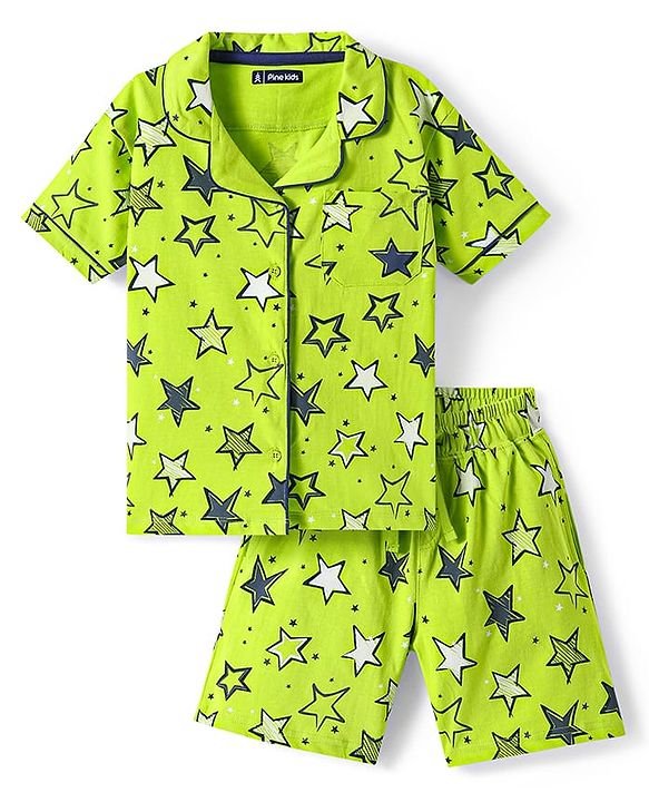 Pine Kids Single Jersey Knit Half Sleeves Front Open Shirt & Short Night Suit  with Star Print - Neon Green