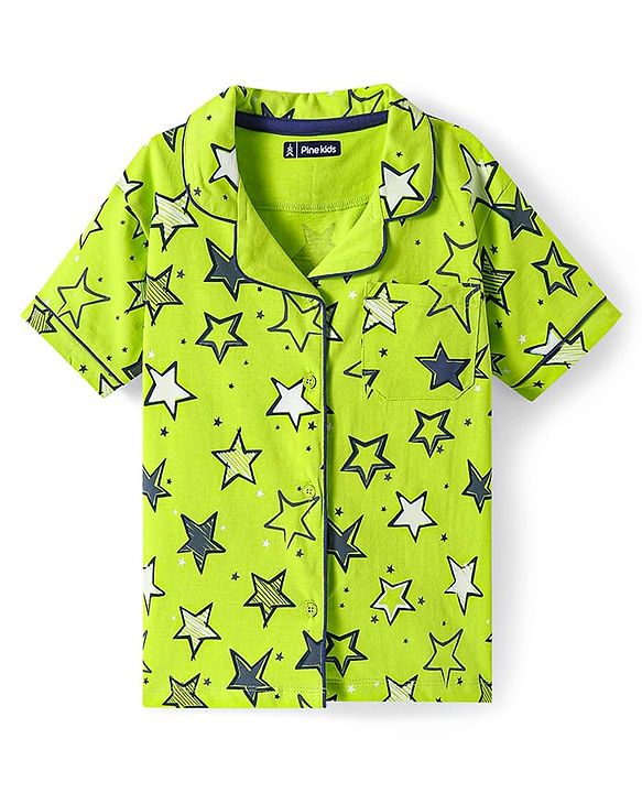 Pine Kids Single Jersey Knit Half Sleeves Front Open Shirt & Short Night Suit  with Star Print - Neon Green