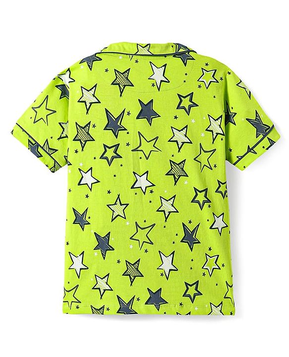 Pine Kids Single Jersey Knit Half Sleeves Front Open Shirt & Short Night Suit  with Star Print - Neon Green