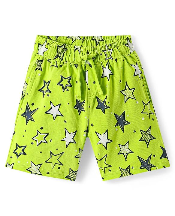 Pine Kids Single Jersey Knit Half Sleeves Front Open Shirt & Short Night Suit  with Star Print - Neon Green
