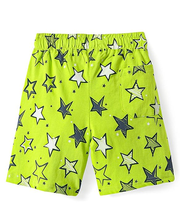Pine Kids Single Jersey Knit Half Sleeves Front Open Shirt & Short Night Suit  with Star Print - Neon Green