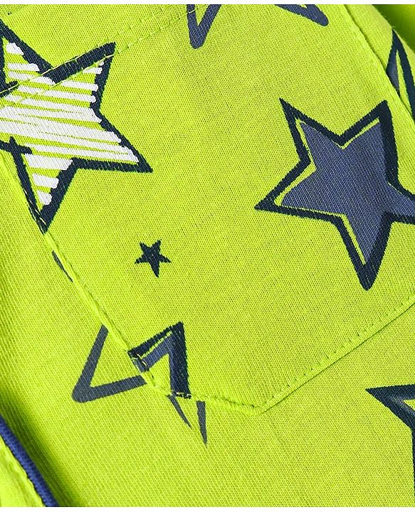 Pine Kids Single Jersey Knit Half Sleeves Front Open Shirt & Short Night Suit  with Star Print - Neon Green