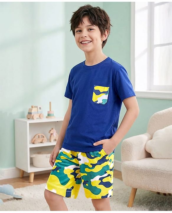 Pine Kids Single Jersey Knit Half Sleeves T-Shirt & Short Night Suit  with Abstract Print - Navy Blue