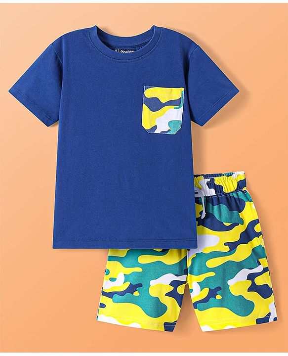 Pine Kids Single Jersey Knit Half Sleeves T-Shirt & Short Night Suit  with Abstract Print - Navy Blue