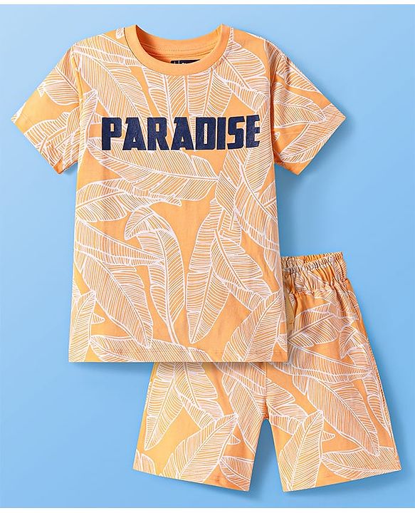 Pine Kids Single Jersey Knit Half Sleeves T-Shirt & Short Night Suit  with Leaves Print - Orange