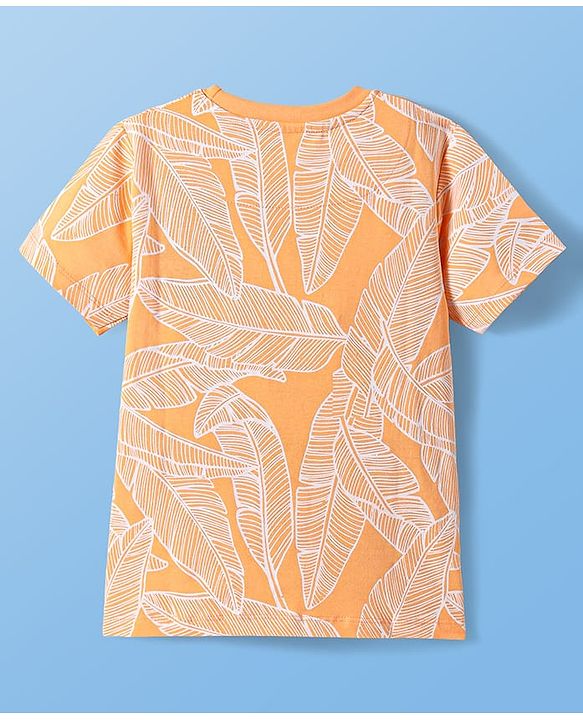Pine Kids Single Jersey Knit Half Sleeves T-Shirt & Short Night Suit  with Leaves Print - Orange