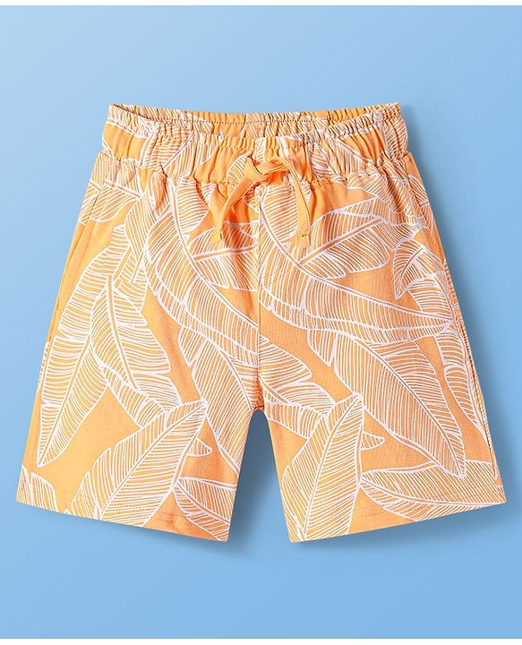Pine Kids Single Jersey Knit Half Sleeves T-Shirt & Short Night Suit  with Leaves Print - Orange
