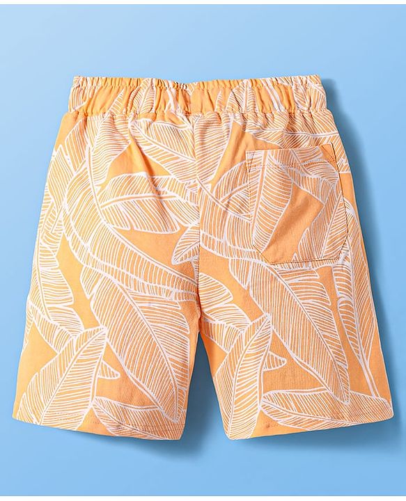 Pine Kids Single Jersey Knit Half Sleeves T-Shirt & Short Night Suit  with Leaves Print - Orange