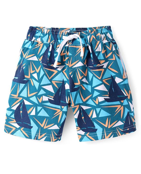 Pine Kids Single Jersey Half Sleeves Shorts Night Suit with Ship Print - Navy Blue