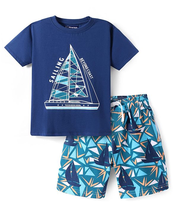 Pine Kids Single Jersey Half Sleeves Shorts Night Suit with Ship Print - Navy Blue