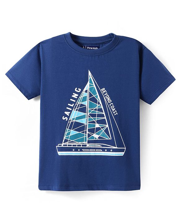 Pine Kids Single Jersey Half Sleeves Shorts Night Suit with Ship Print - Navy Blue