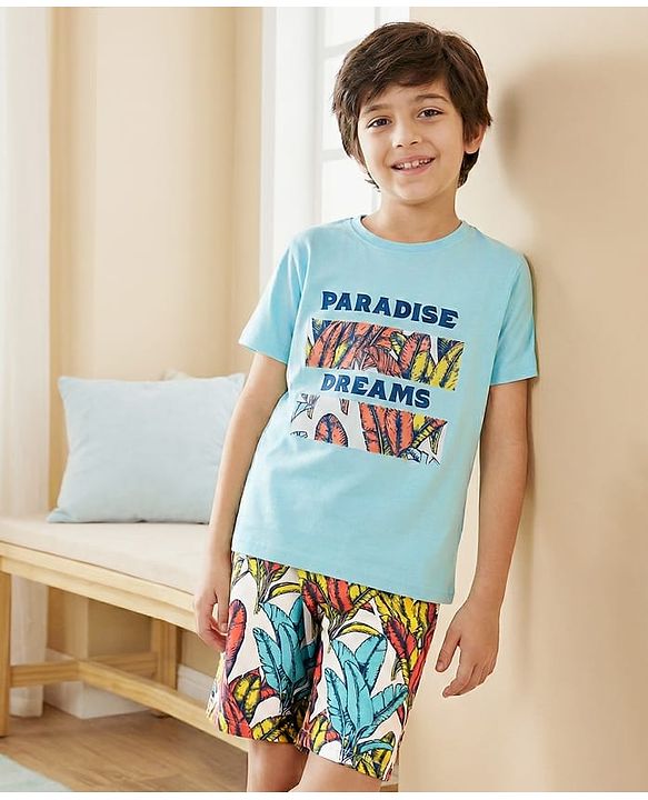 Pine Kids Single Jersey Knit Half Sleeves Night Suit With Text & Leaf Print - Light Blue