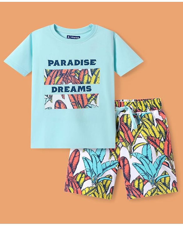 Pine Kids Single Jersey Knit Half Sleeves Night Suit With Text & Leaf Print - Light Blue