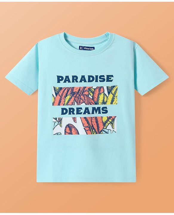 Pine Kids Single Jersey Knit Half Sleeves Night Suit With Text & Leaf Print - Light Blue
