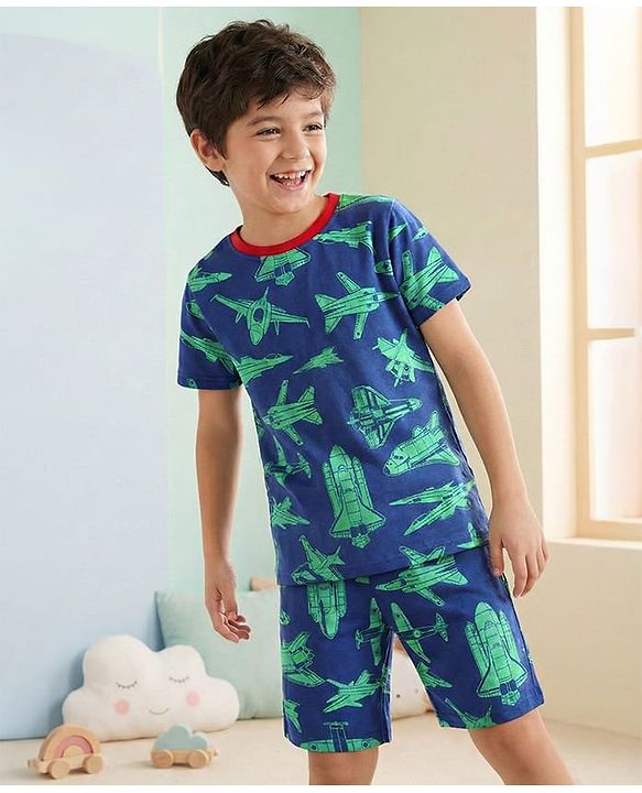 Pine Kids Single Jersey Knit Half Sleeves Shorts Night Suit with Aeroplane Print - Navy Blue