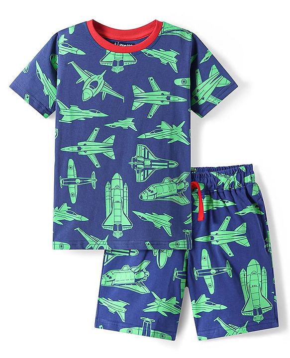 Pine Kids Single Jersey Knit Half Sleeves Shorts Night Suit with Aeroplane Print - Navy Blue