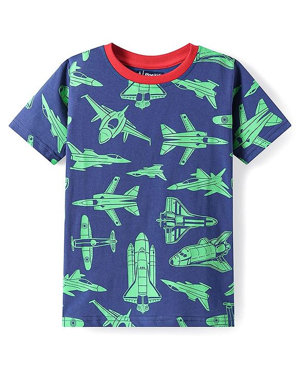 Pine Kids Single Jersey Knit Half Sleeves Shorts Night Suit with Aeroplane Print - Navy Blue
