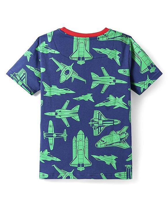 Pine Kids Single Jersey Knit Half Sleeves Shorts Night Suit with Aeroplane Print - Navy Blue