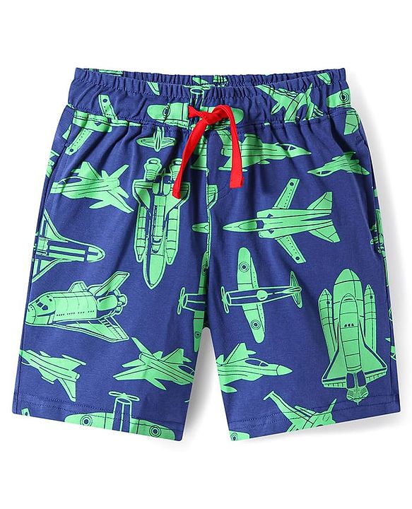 Pine Kids Single Jersey Knit Half Sleeves Shorts Night Suit with Aeroplane Print - Navy Blue
